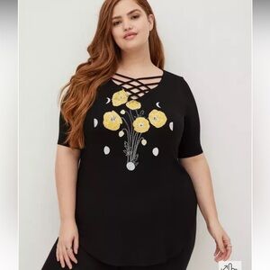 Torrid Black Tee with Yellow Floral Design